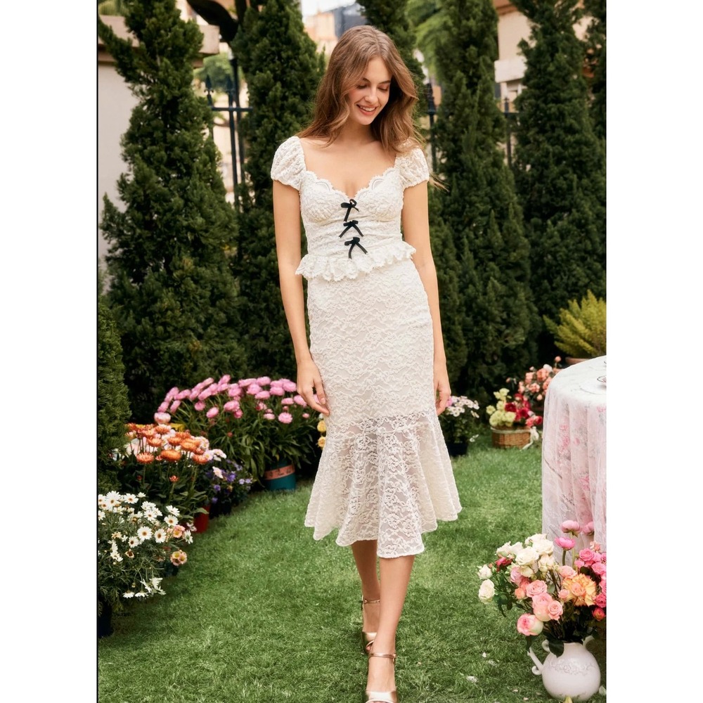 Lait Collection Villa Chenille Lace Midi Dress in Cream Bows Size Large